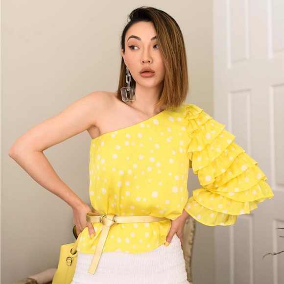 jessica wang Tops - Jessica Wang The Drop Collection Yellow White Polka Dot One Sleeve Top Blouse S